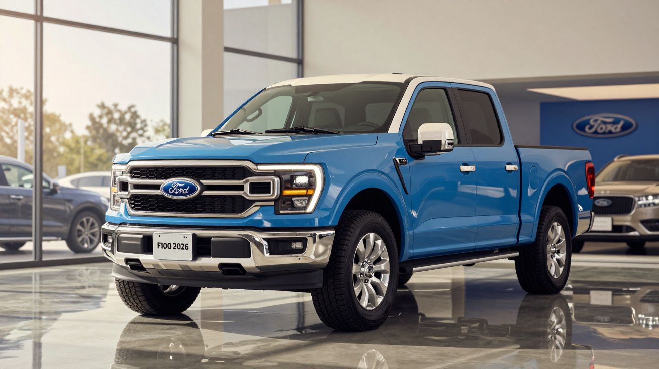 Camião Ford F-100 2026 azul exposto numa concessionária moderna com chão reflexivo.