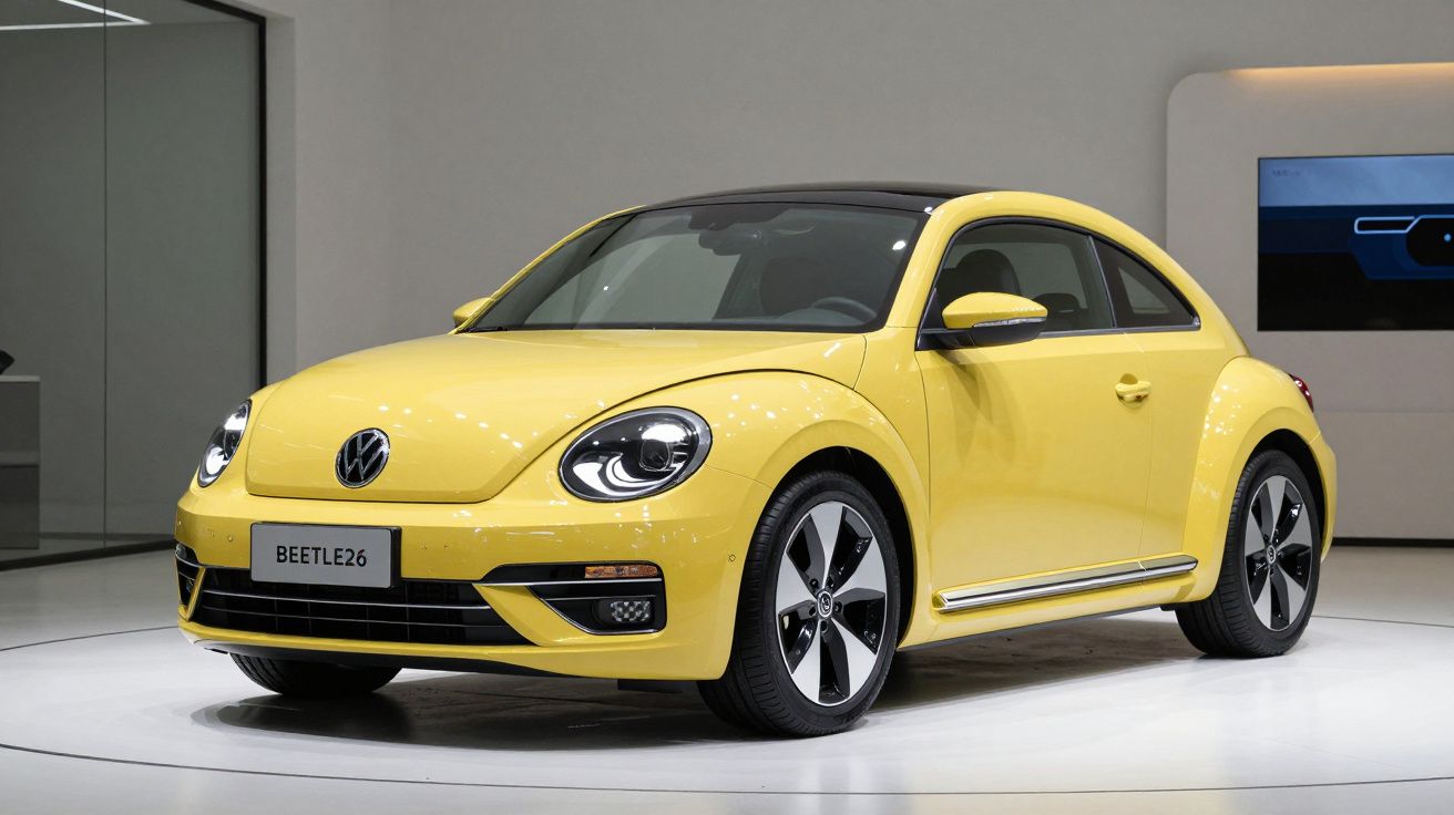 Carro Volkswagen Beetle amarelo em exposição num salão automóvel com fundo cinzento.