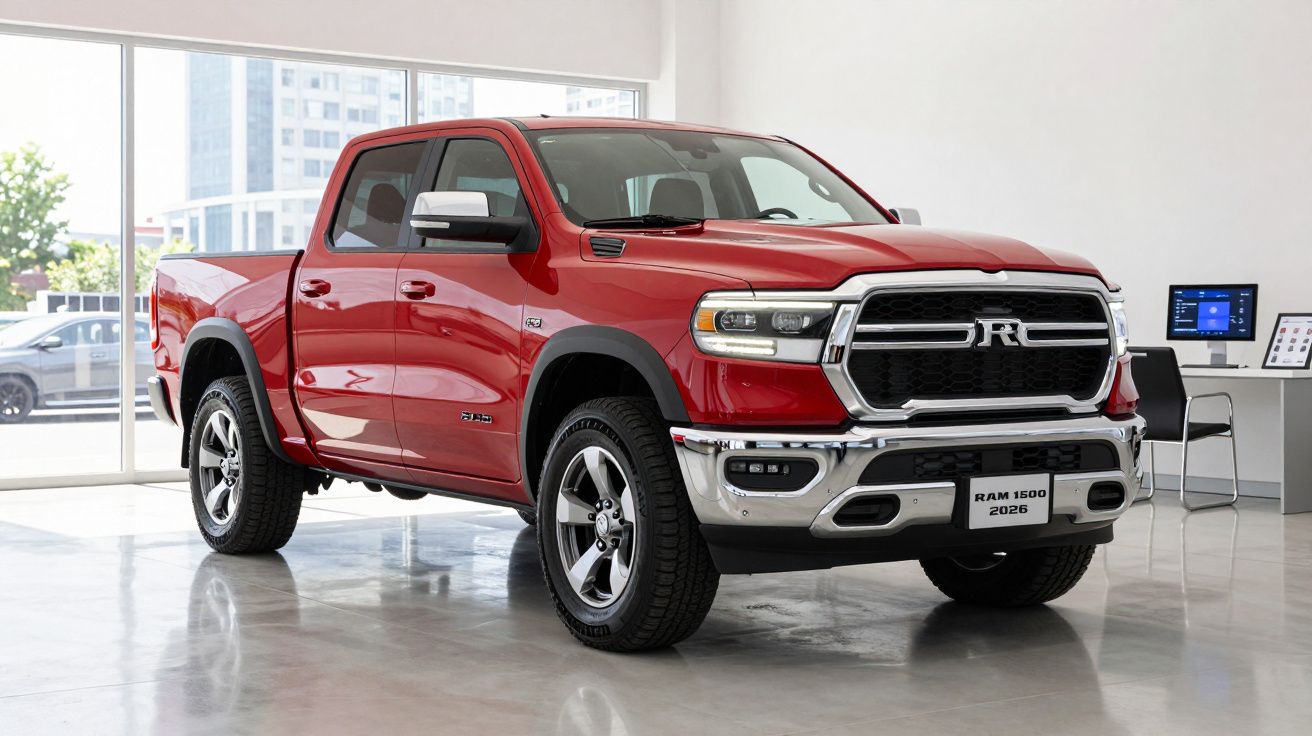 Picape vermelha RAM 1500 2026 em exposição dentro de showroom moderno com chão cinza refletor.
