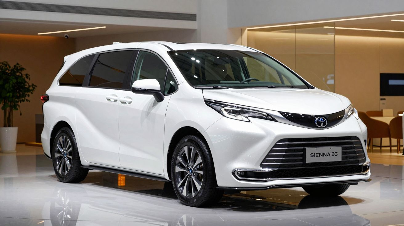 Carrinha branca Toyota Sienna 26 em exposição numa sala moderna e iluminada.