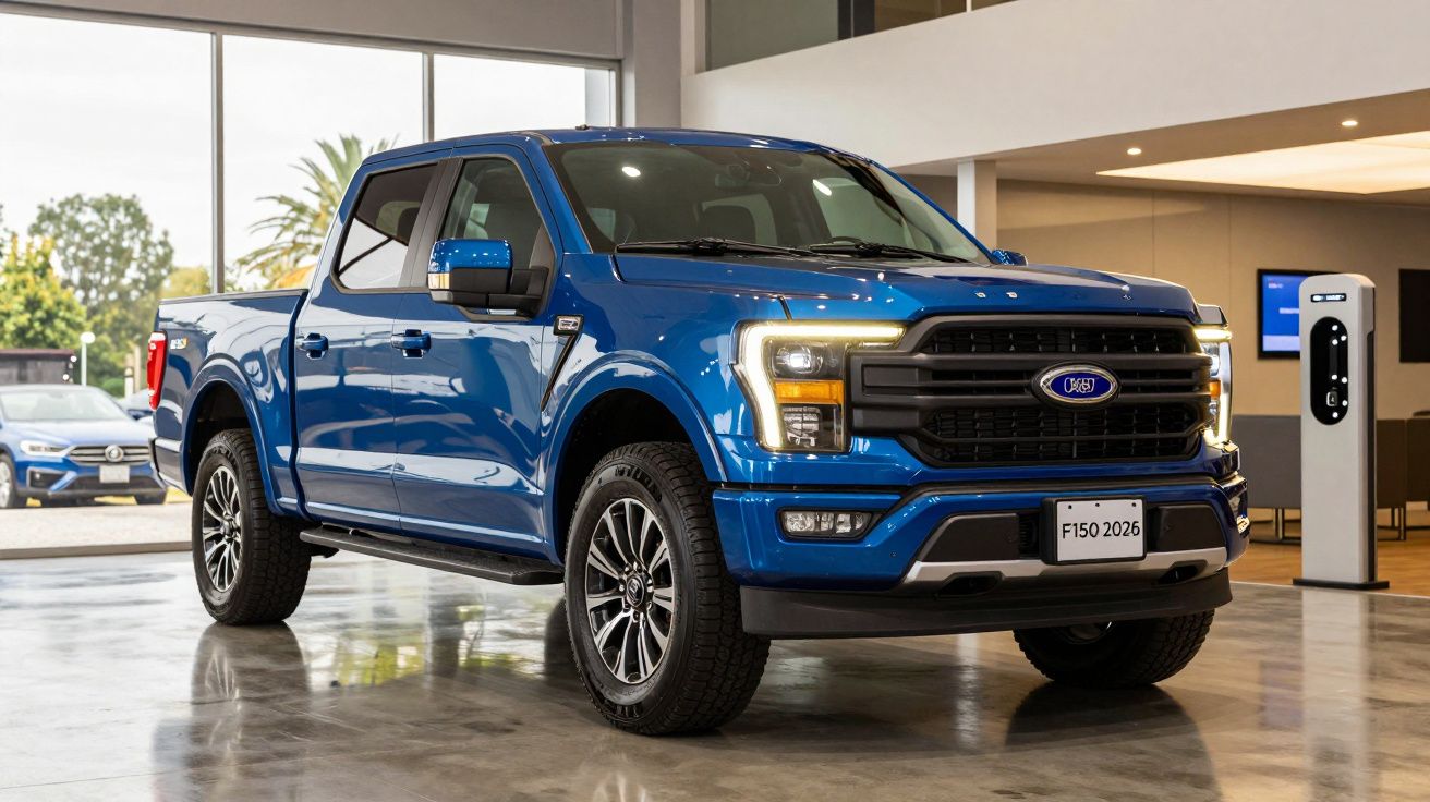 Picape azul Ford F-150 2026 exposta num showroom moderno com iluminação interior.