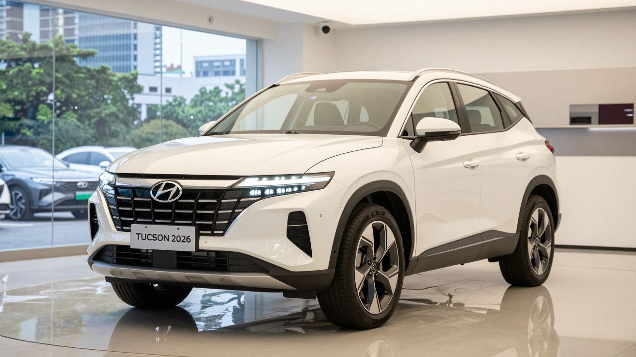 SUV Hyundai Tucson 2026 branco exposto numa sala de showroom moderna com janelas amplas.