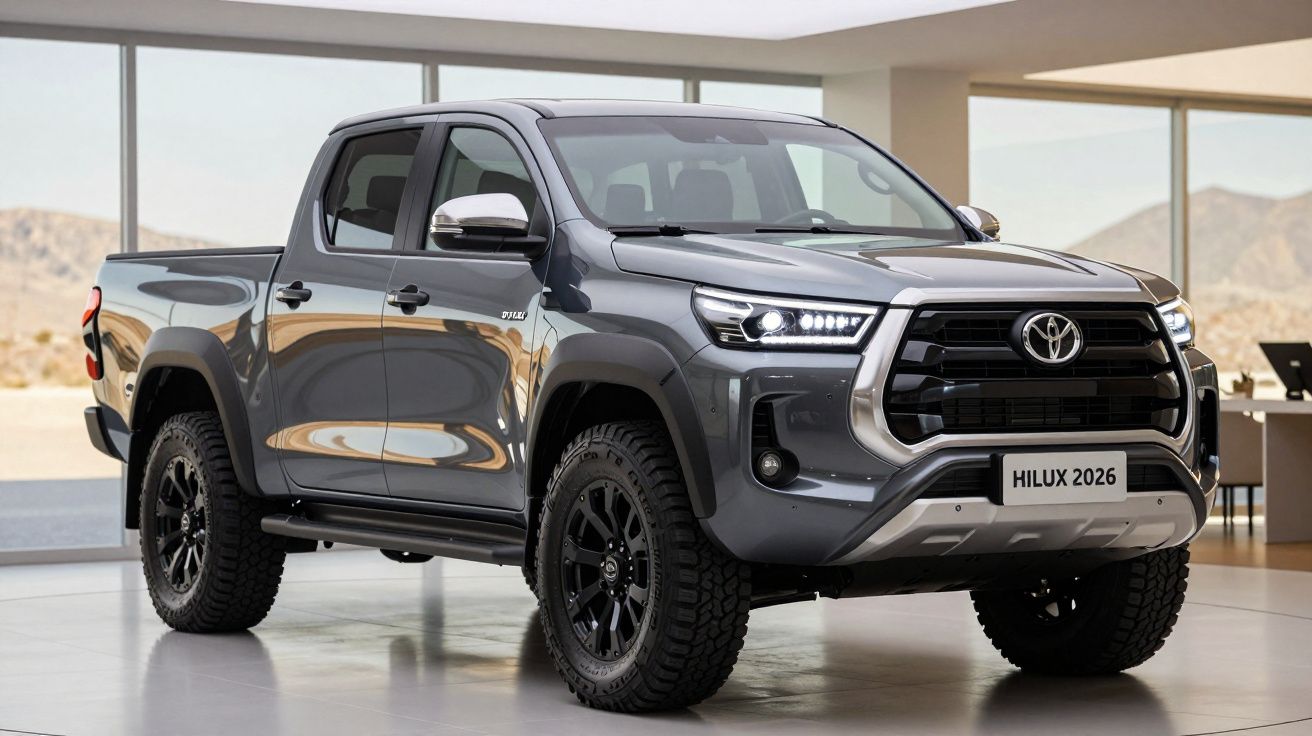 Pickup Toyota Hilux 2026 cinzenta, com quatro portas, pneus robustos e faróis LED, em ambiente interior moderno.