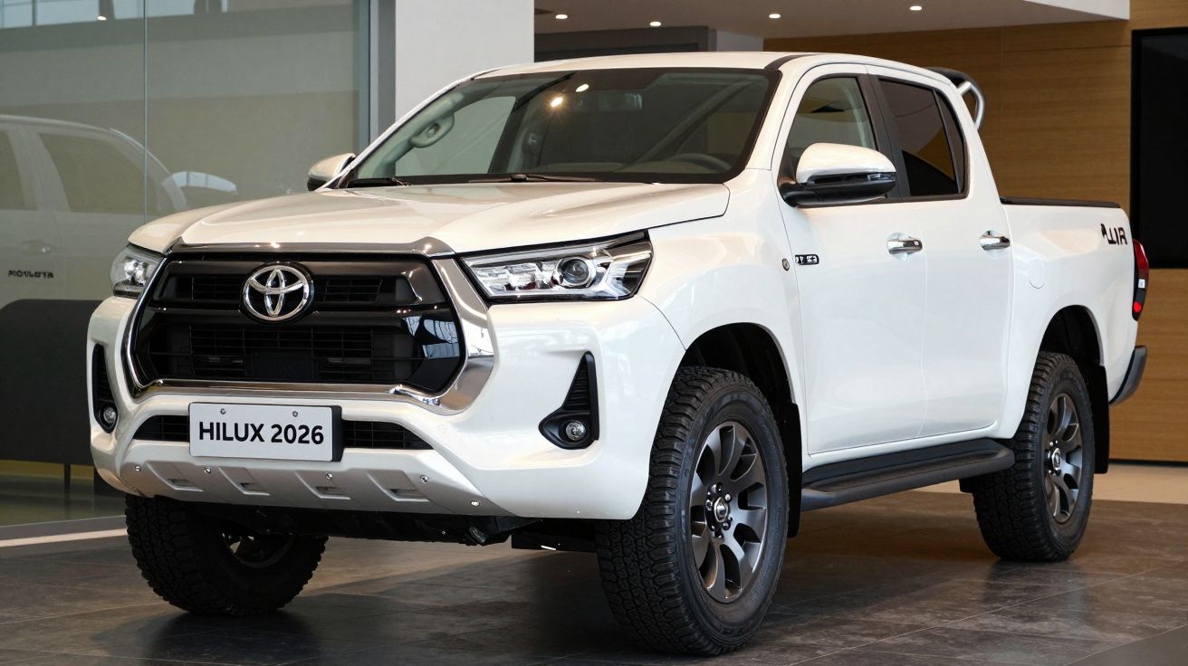 Carrinha Toyota Hilux 2026 branca em exposição num showroom moderno.
