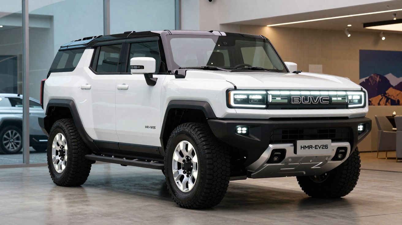 SUV eléctrico branco BUVC HMR-EV26 estacionado em showroom moderno com jantes prateadas robustas.