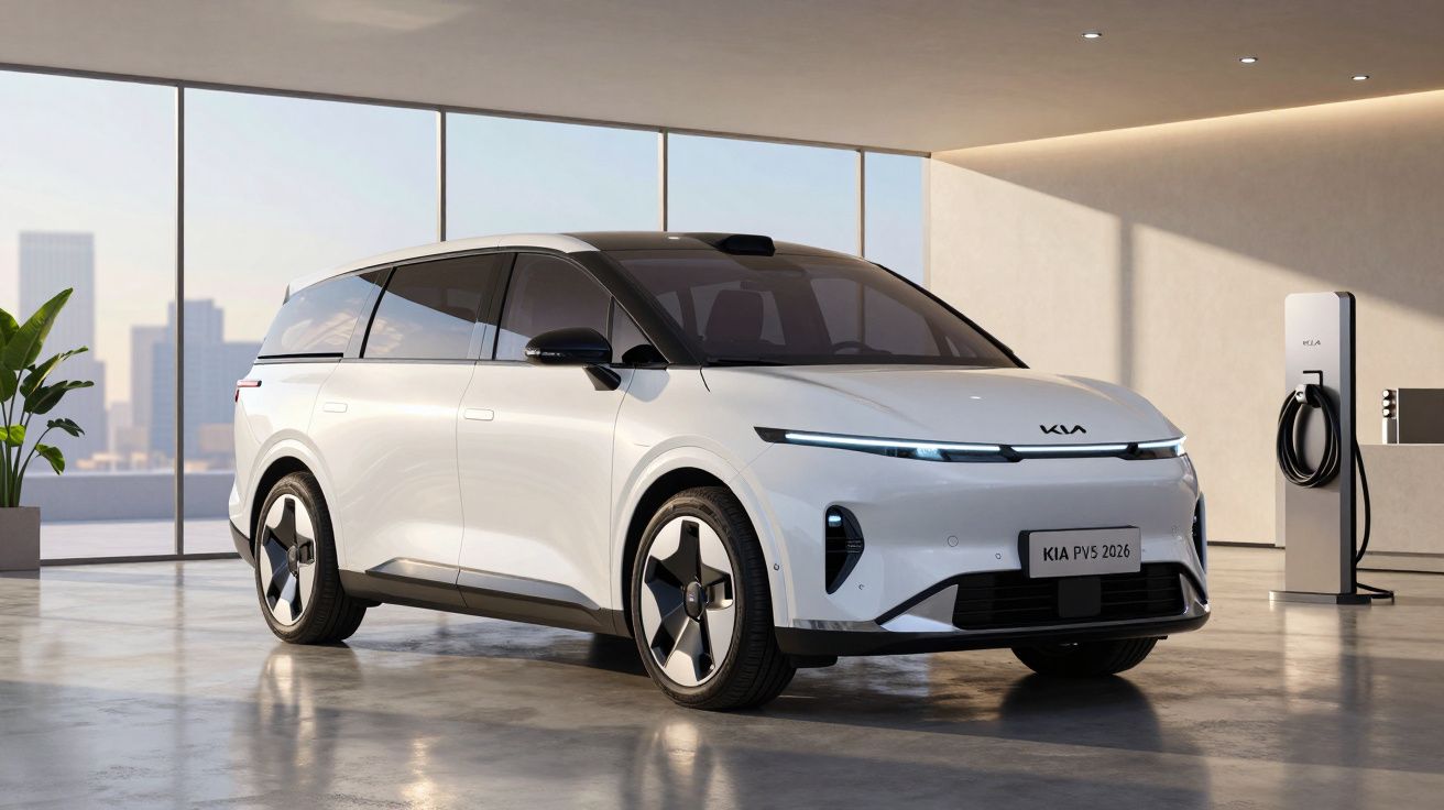 Carro elétrico branco Kia PVS 2026 estacionado numa garagem moderna com estação de carregamento.