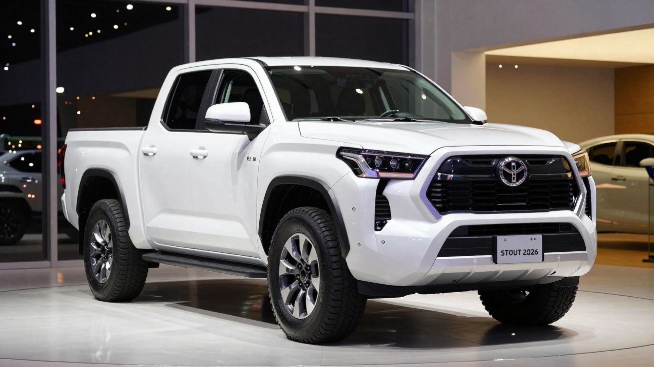 Picape Toyota Stout 2026 branca exposta num salão automóvel com janelas e outros carros ao fundo.