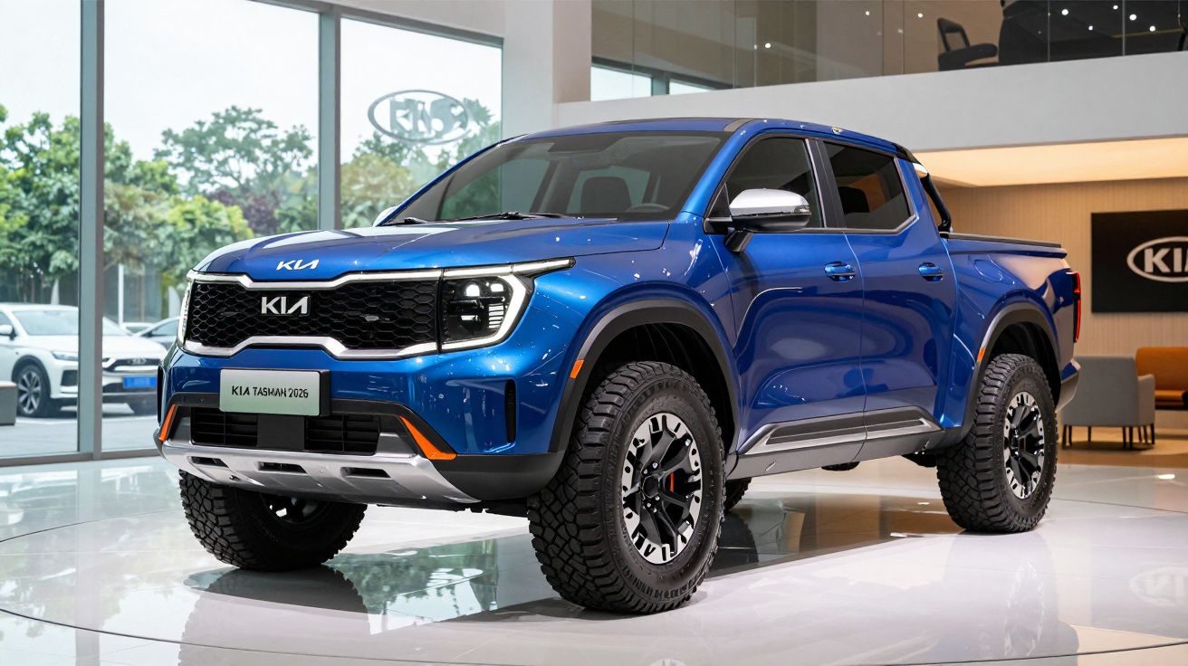 Pick-up Kia Tasmam 2026 azul em exposição num concessionário moderno com carro ao fundo.