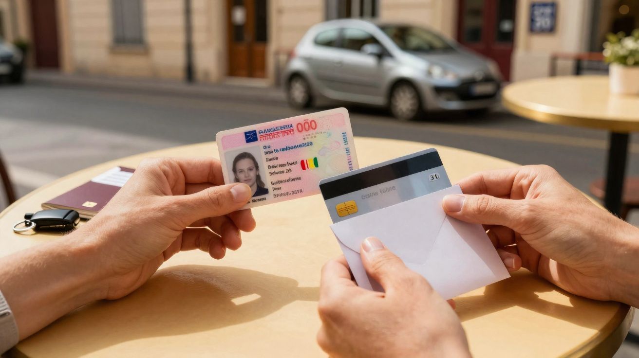 Duas pessoas trocando documento e cartão bancário numa mesa ao ar livre, com carro e edifício ao fundo.