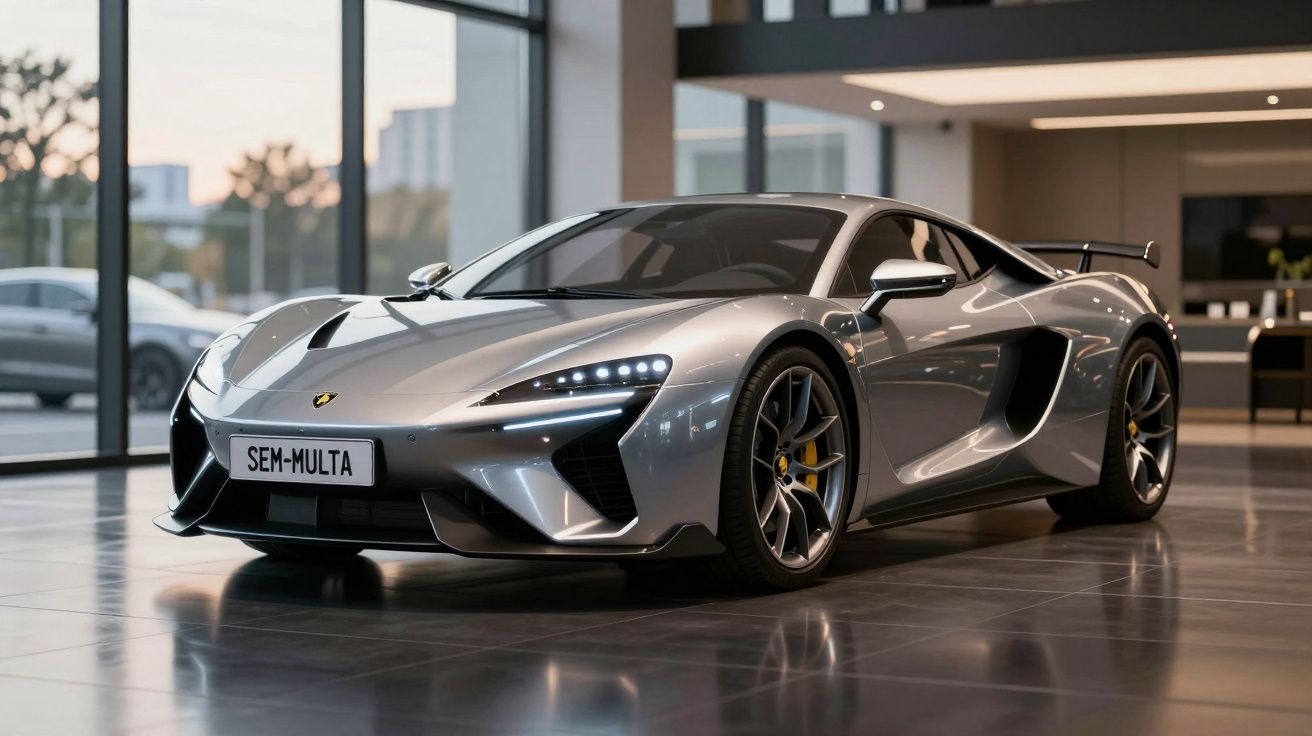 Carro desportivo cinza prateado estacionado em interior moderno com luz natural e refletida no piso.
