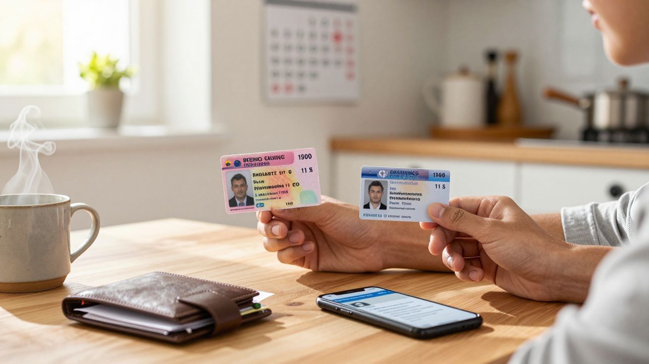 Pessoa a segurar dois cartões de identificação sobre mesa com telemóvel, carteira e chávena com vapor.