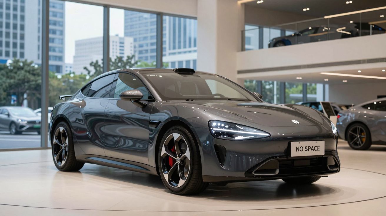 Carro desportivo elétrico cinzento em exposição numa sala moderna com janelas grandes e vista urbana.