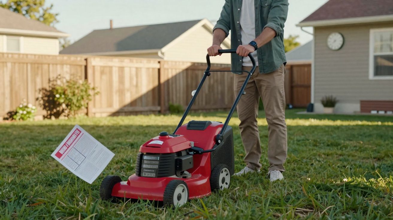 Pessoa a cortar relva num jardim com um cortador de relva vermelho, próximo de uma casa com cerca de madeira.