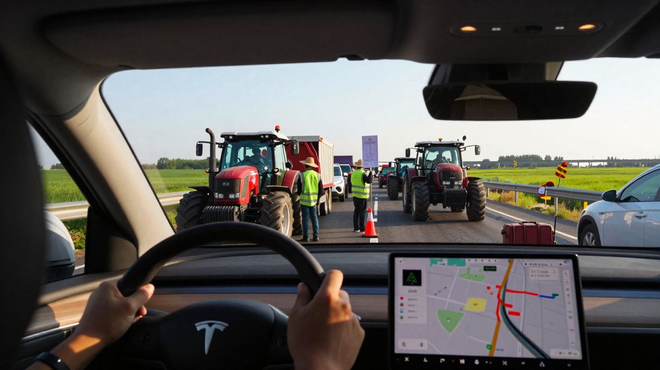 Vista do interior de um carro Tesla parado numa estrada devido a um bloqueio de tratores agrícolas.