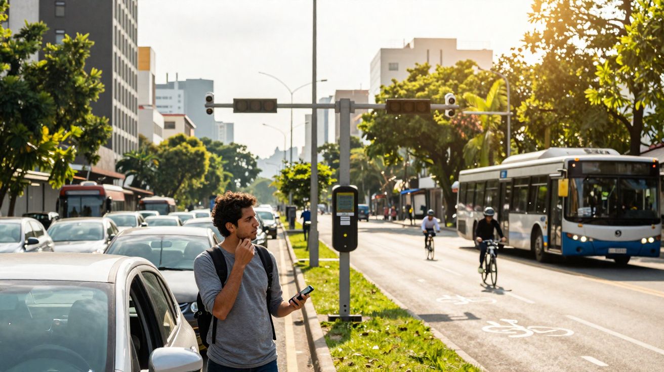 Homem com mochila espera na paragem de autocarro numa rua movimentada com carros, autocarro e ciclistas.