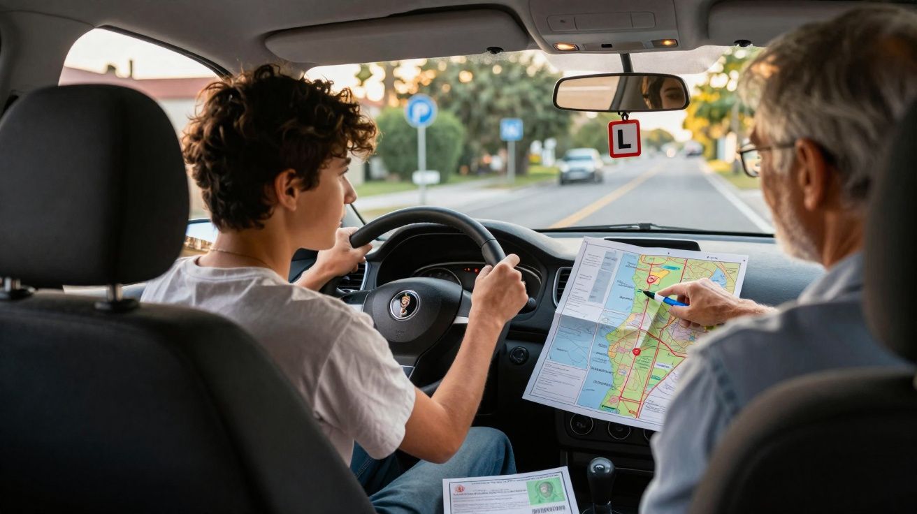 Aluno de condução ao volante com instrutor a mostrar um mapa dentro do carro numa rua calma.