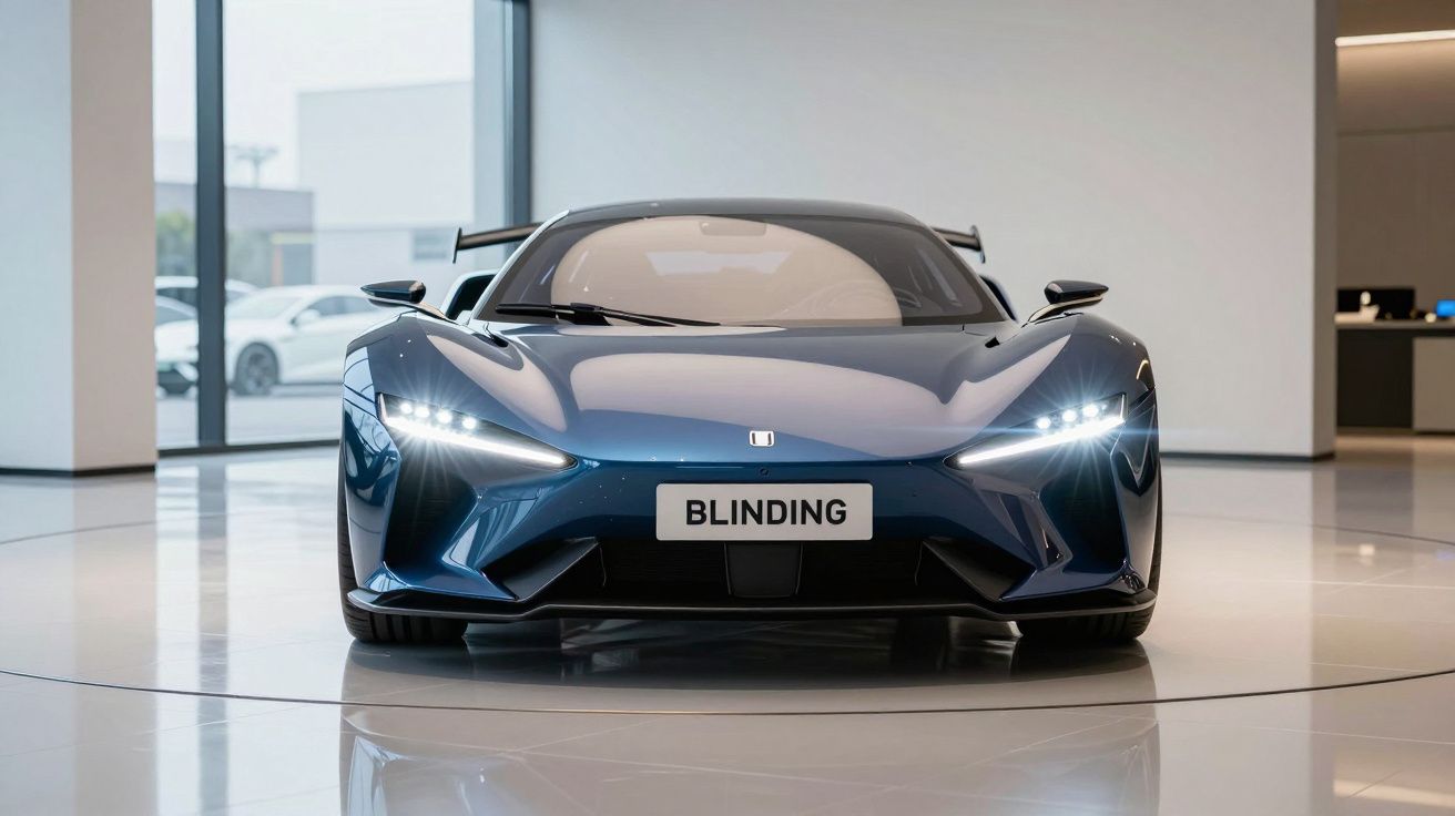 Automóvel desportivo azul escuro com faróis LED acesos numa exposição moderna interior.