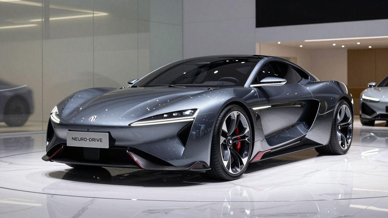 Carro desportivo elétrico cinzento escuro com design futurista exposto em showroom moderno.