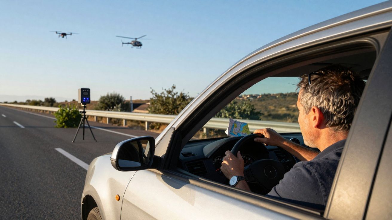 Homem dirige carro parado na estrada com helicóptero e drone voando próximos a radar de velocidade.
