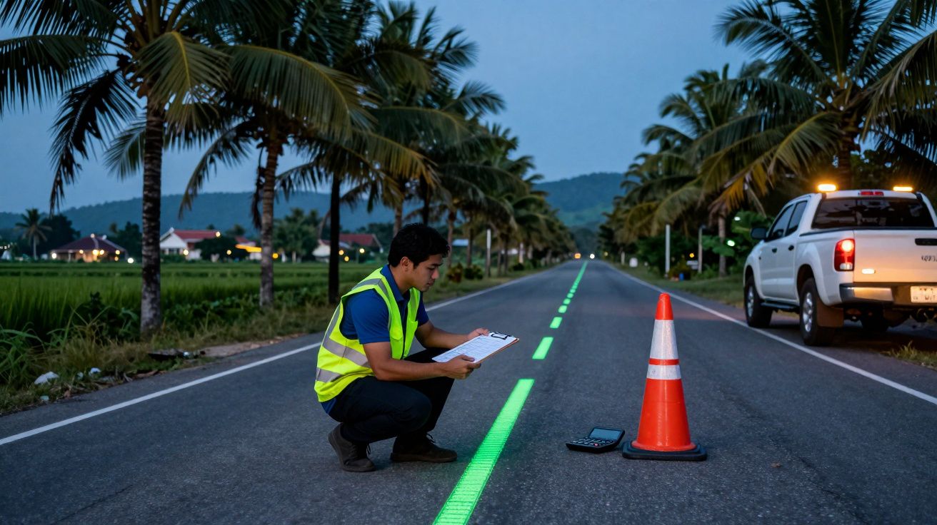 Homem com colete refletor verifica marcações luminosas na estrada à noite, com cones e carro ao fundo.