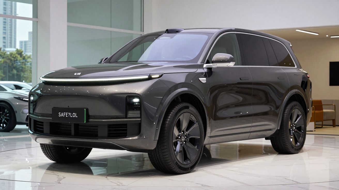 Veículo SUV cinza escuro moderno exibido numa garagem com chão de mármore e janelas amplas.