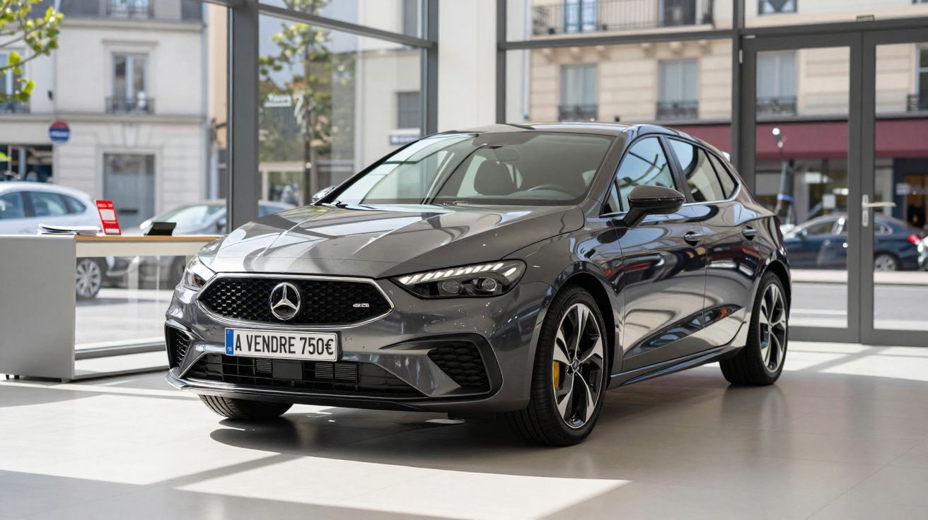 Carro Mercedes cinza escuro exposto numa loja, com placa de venda a 750 euros.