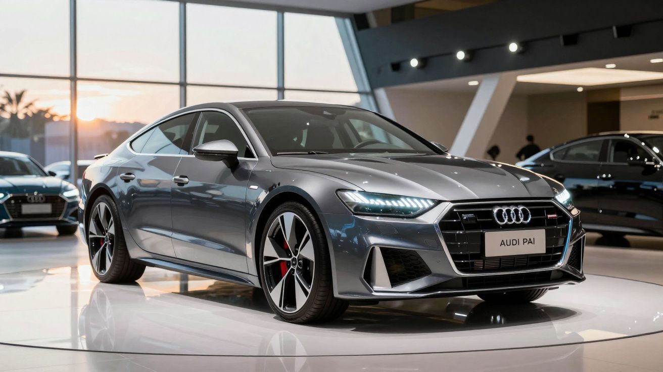 Audi cinzento em exposição numa sala moderna com grandes janelas ao pôr do sol.