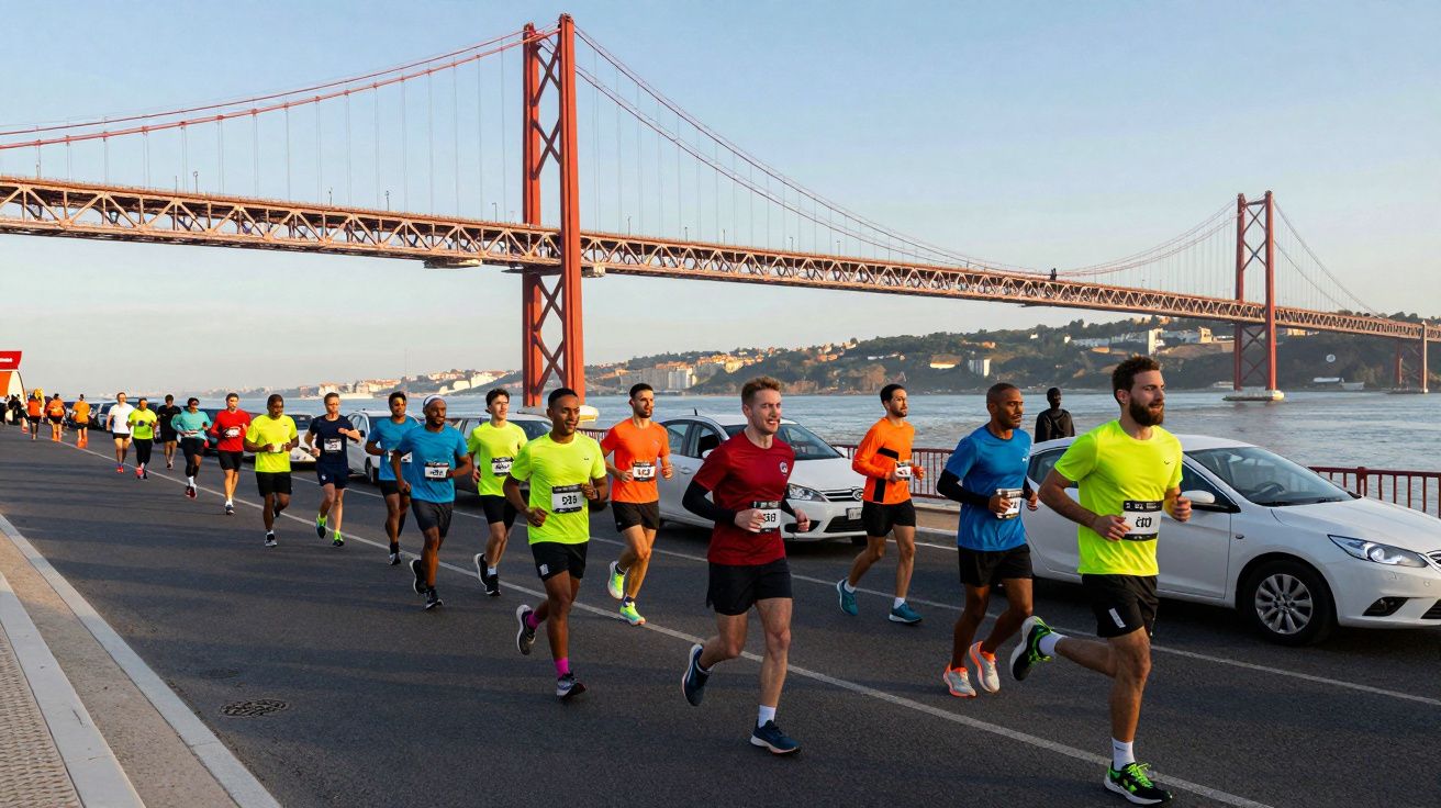 Grupo de corredores em maratona junto à ponte 25 de Abril em Lisboa, dia ensolarado.