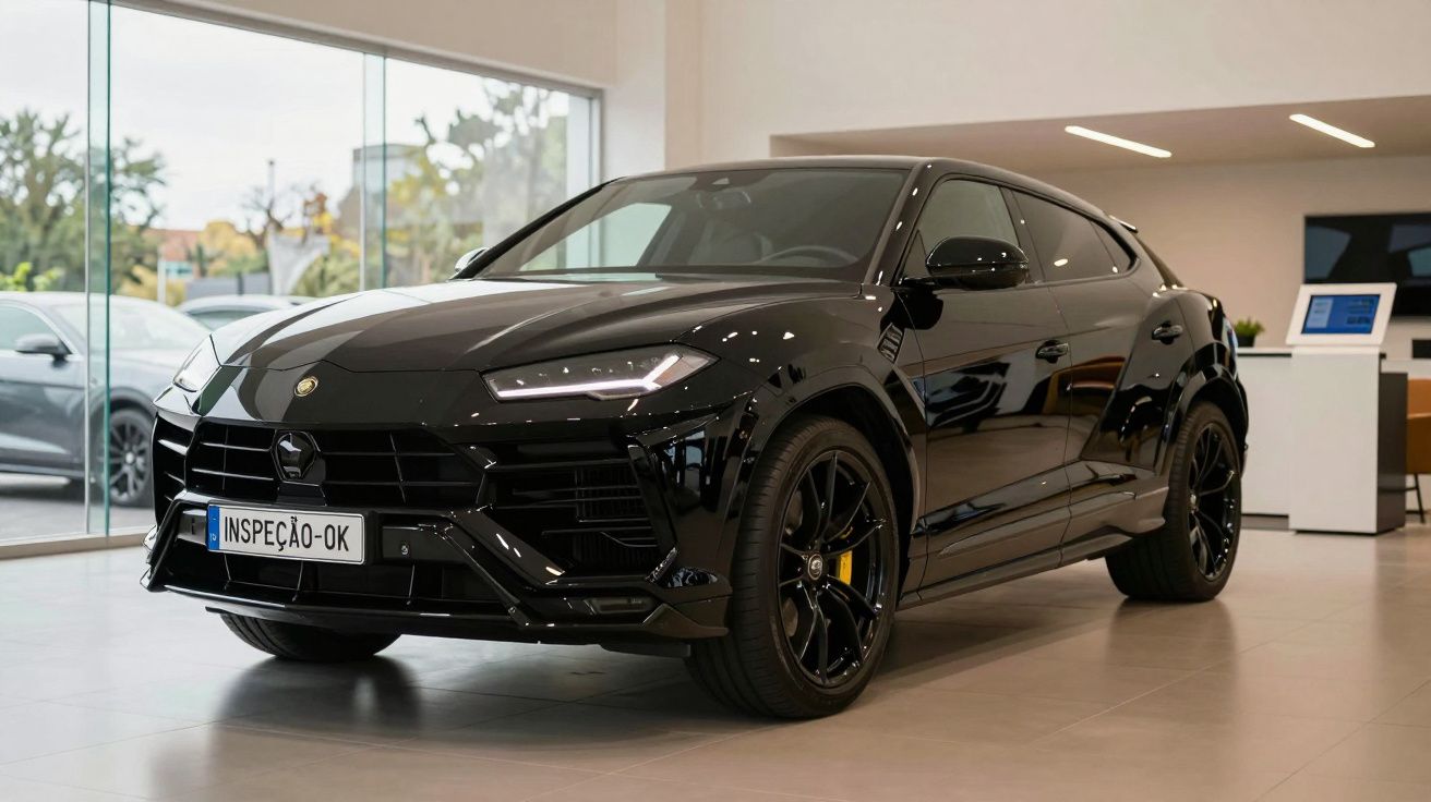 Carro SUV preto estacionado numa sala ampla com chão cinzento e janela de vidro grande.