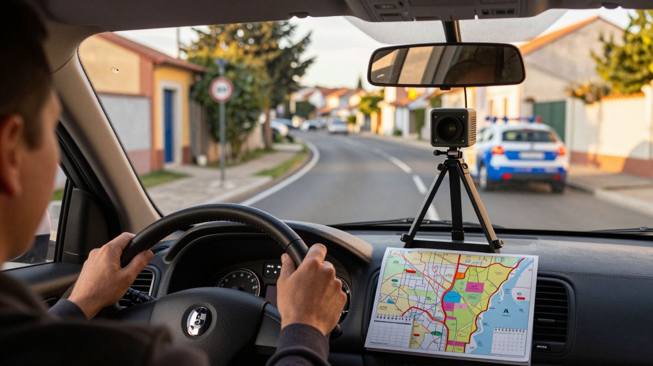 Motorista com as mãos no volante, câmera no tablier e mapa numa estrada urbana com viatura da polícia à frente.