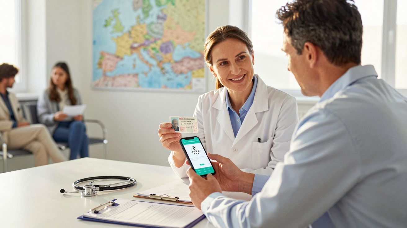 Médica sorridente mostra cartão de cidadão a paciente que confirma dados numa app num consultório.