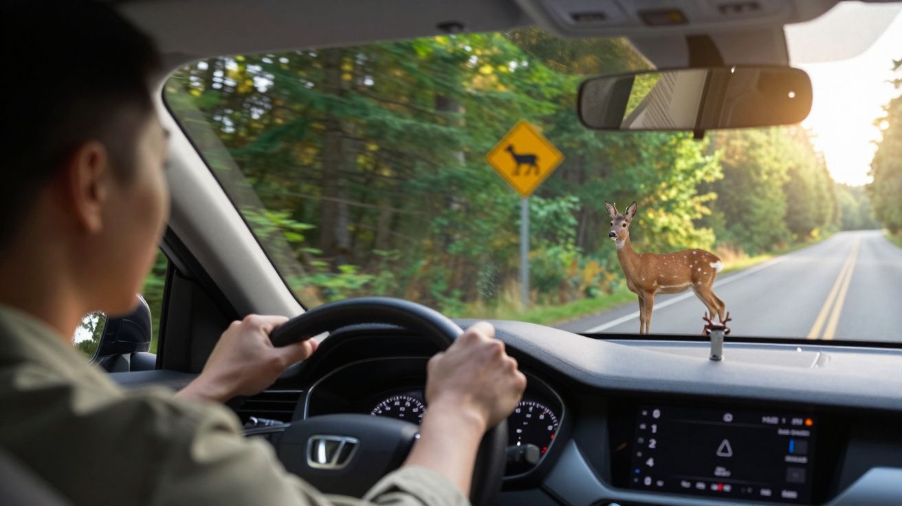 Condutor em carro observa um veado na estrada seguindo o sinal de aviso de animais na floresta.