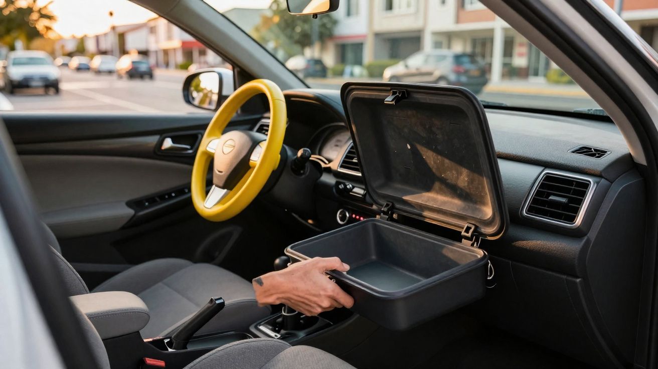Interior de carro com volante amarelo e caixa aberta no painel a ser segurada por uma mão.