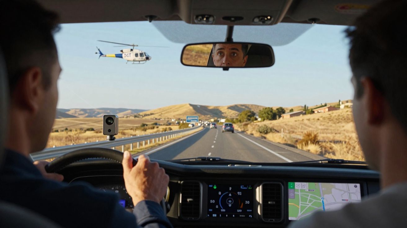 Interior de carro com dois homens, estrada à frente e helicóptero a voar próximo, visível pelo espelho retrovisor.