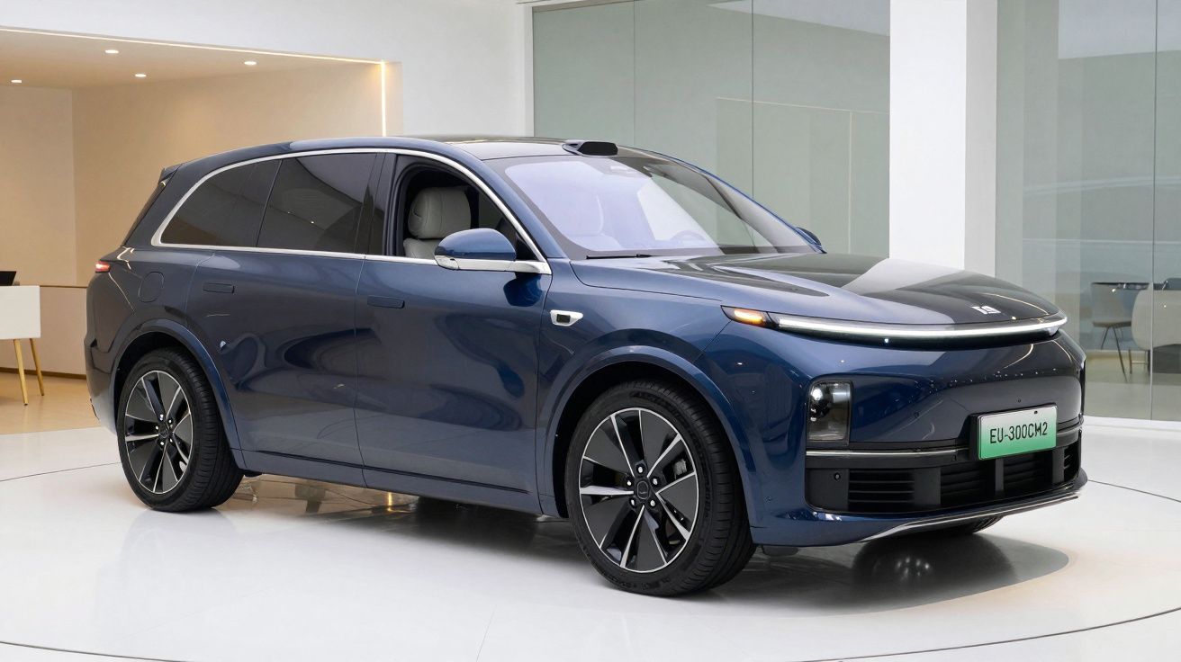 Carro elétrico SUV azul escuro estacionado em ambiente moderno e iluminado.