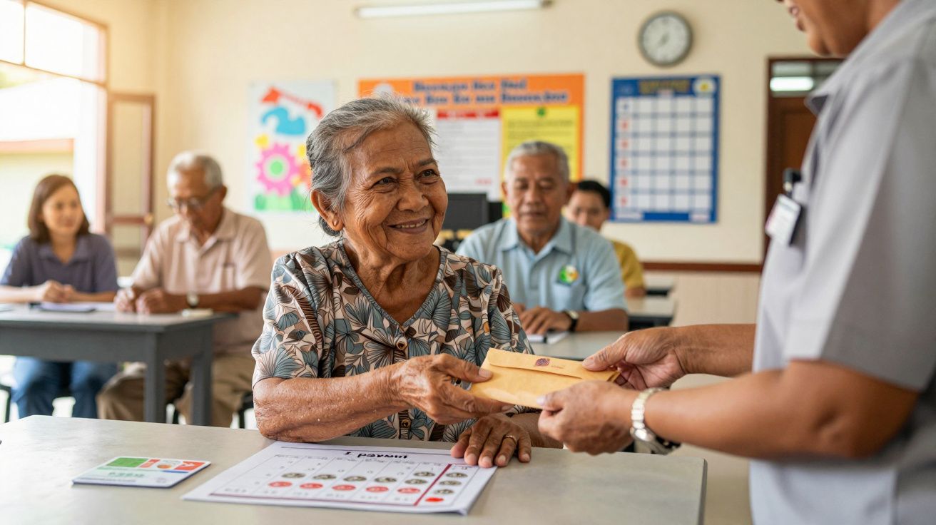 Idosa a receber envelope das mãos de funcionária num centro comunitário, com outras pessoas sentadas ao fundo.