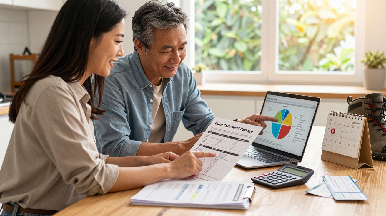 Duas pessoas a analisar documentos financeiros com laptop, calculadora e calendário numa mesa iluminada.