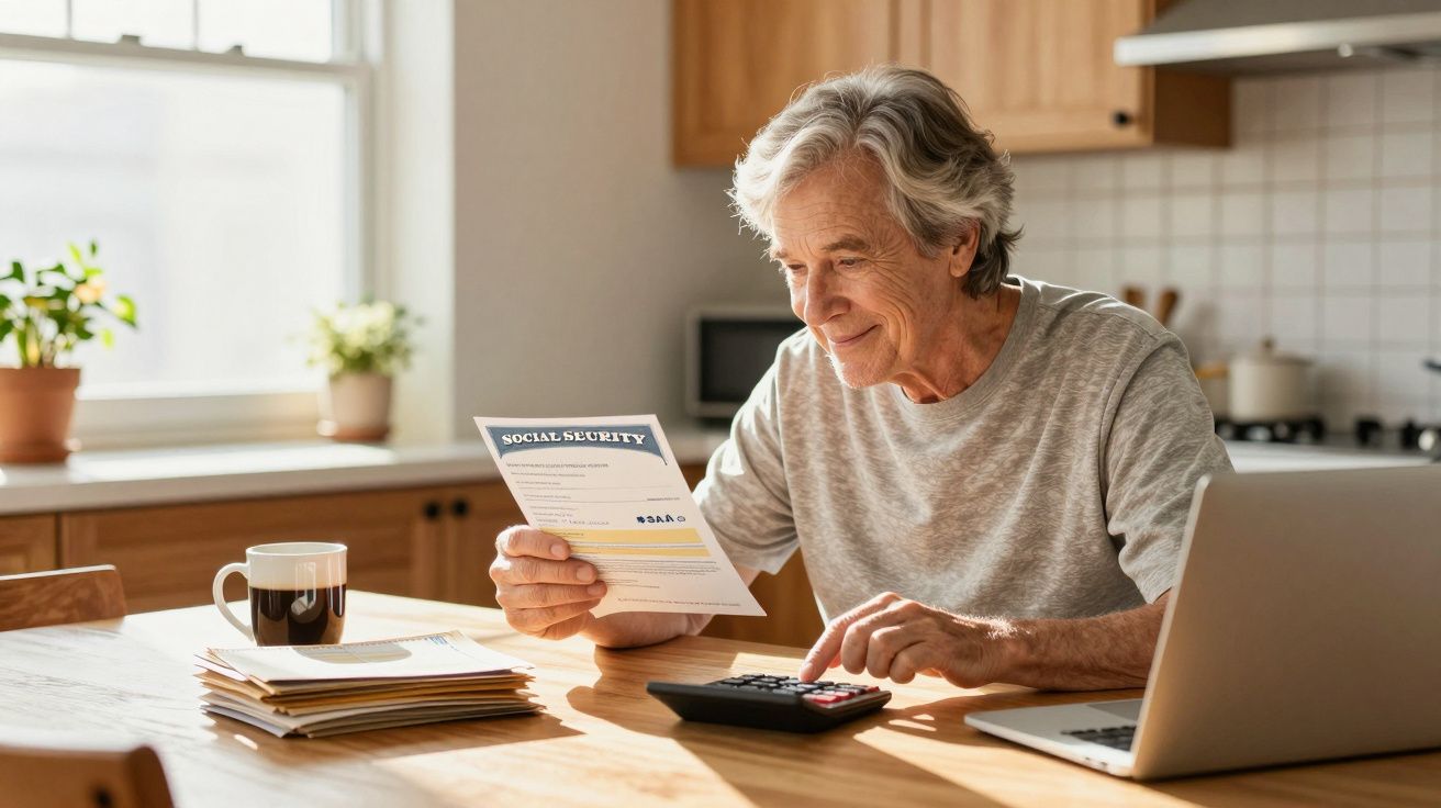Homem sénior sentado à mesa a calcular finanças com documento, calculadora e portátil numa cozinha iluminada.