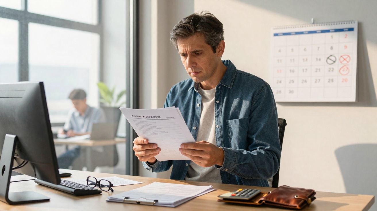 Homem sentado a analisar documentos num escritório com calendário e computador à sua frente.