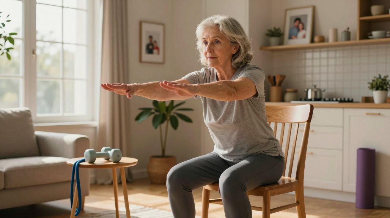Senhora idosa a fazer exercício de agachamento sentada numa cadeira na sala de estar luminosa.