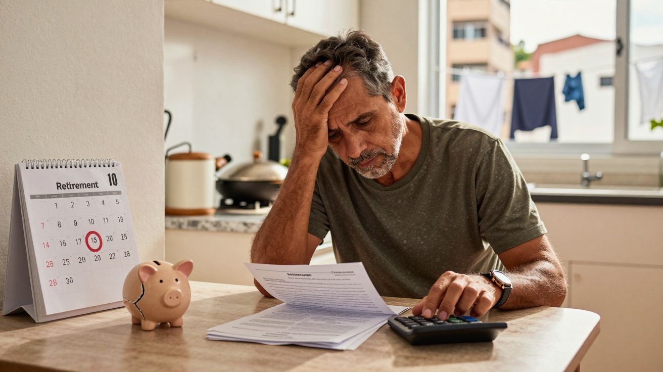 Homem preocupado a calcular despesas com documentos e cofrinho, calendário com data marcada no mês outubro.