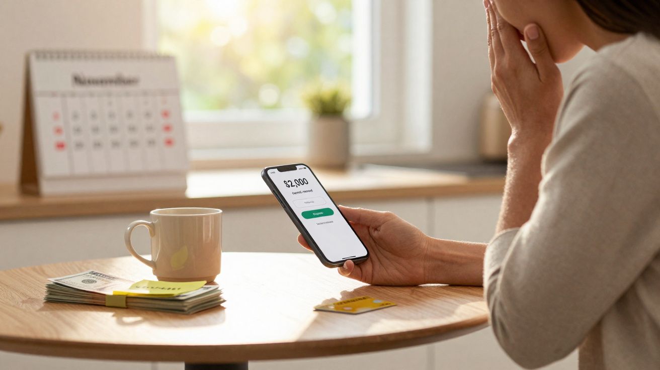 Pessoa com expressão preocupada a olhar para telemóvel com texto de saldo bancário, ao lado de mesa com dinheiro e cartão.