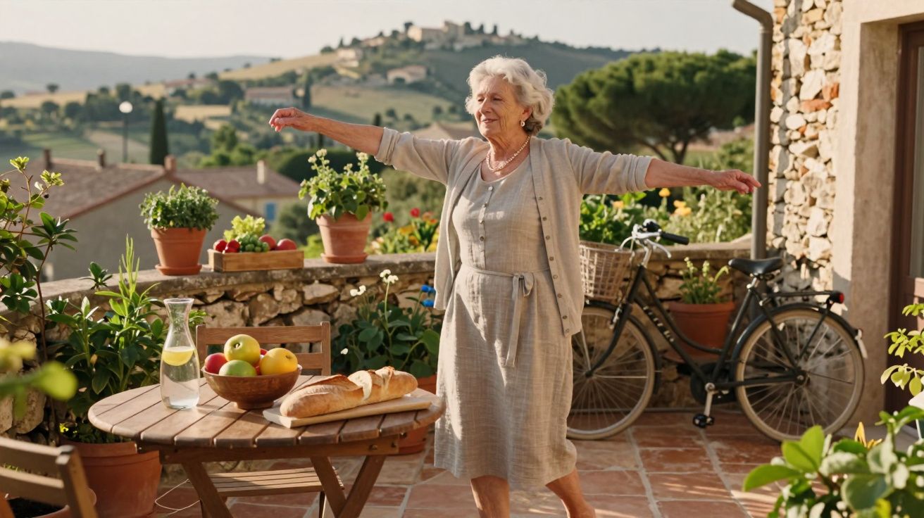 Idosa com vestido claro desfruta de manhã ensolarada num terraço com frutas, pão e bicicleta, rodeada de plantas e natureza.