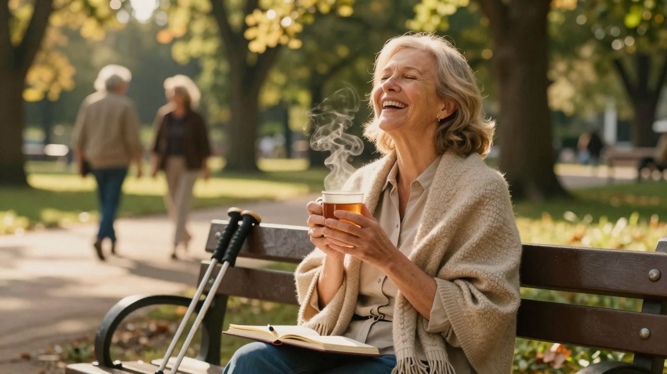 Mulher idosa sentada num banco no parque, sorrindo e a beber chá quente num dia ensolarado.