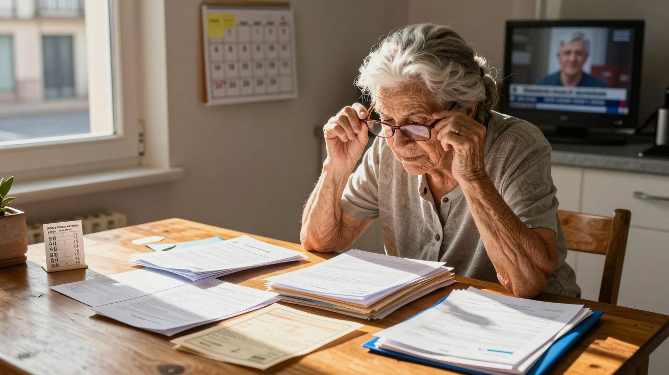 Mulher idosa a usar óculos, concentrada a analisar vários documentos numa mesa em casa.