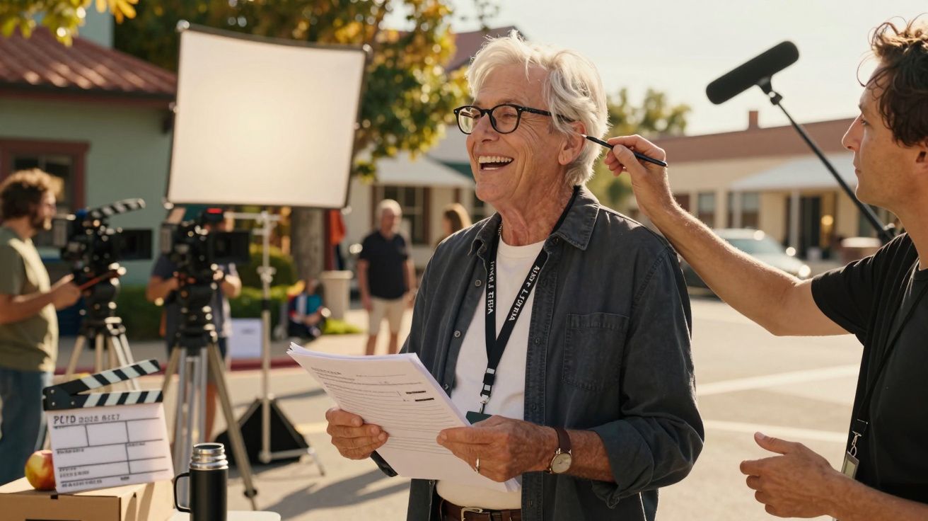 Ator sénior a preparar-se para filmar, com equipa técnica e equipamento de cinema ao fundo.
