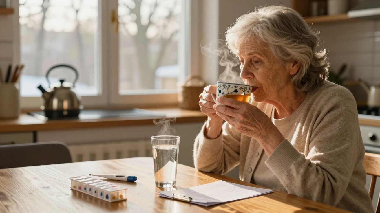 Idosa a beber chá quente numa cozinha iluminada, com medicação e um copo de água numa mesa de madeira.