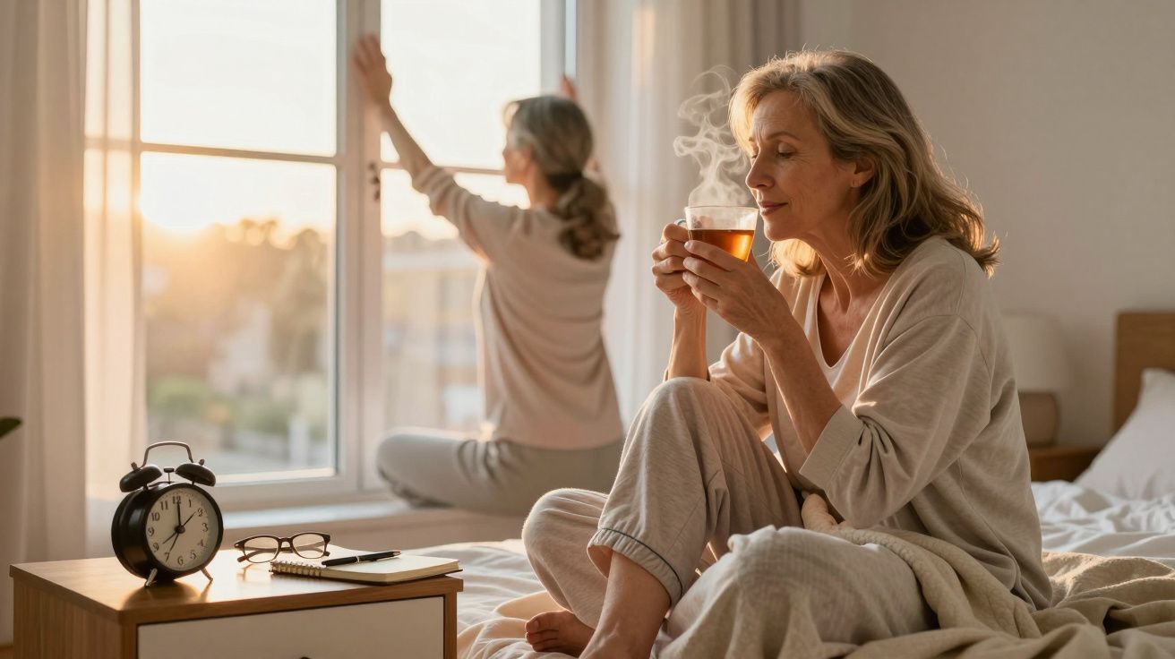 Mulher sentada na cama a beber chá quente enquanto outra abre a janela ao amanhecer.