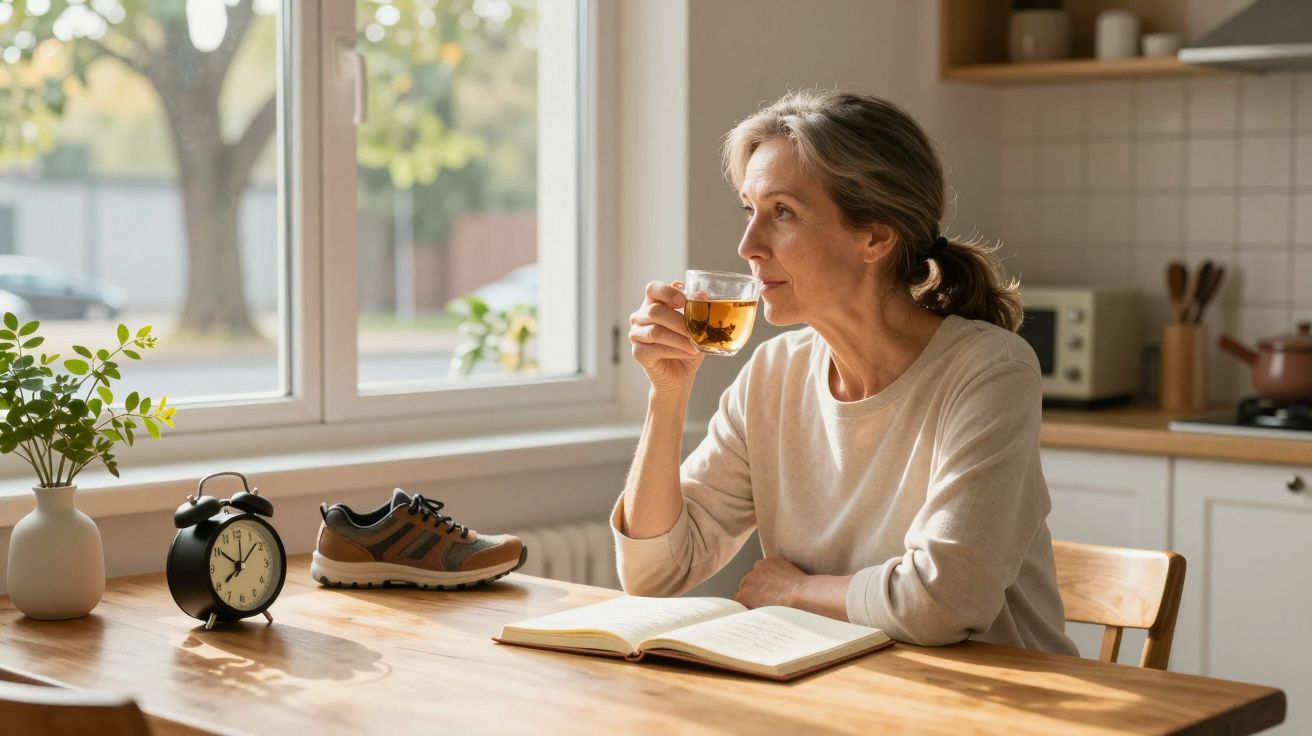 Mulher sentada à mesa a beber chá, com livro aberto, relógio, ténis e planta na cozinha, olhando pela janela.