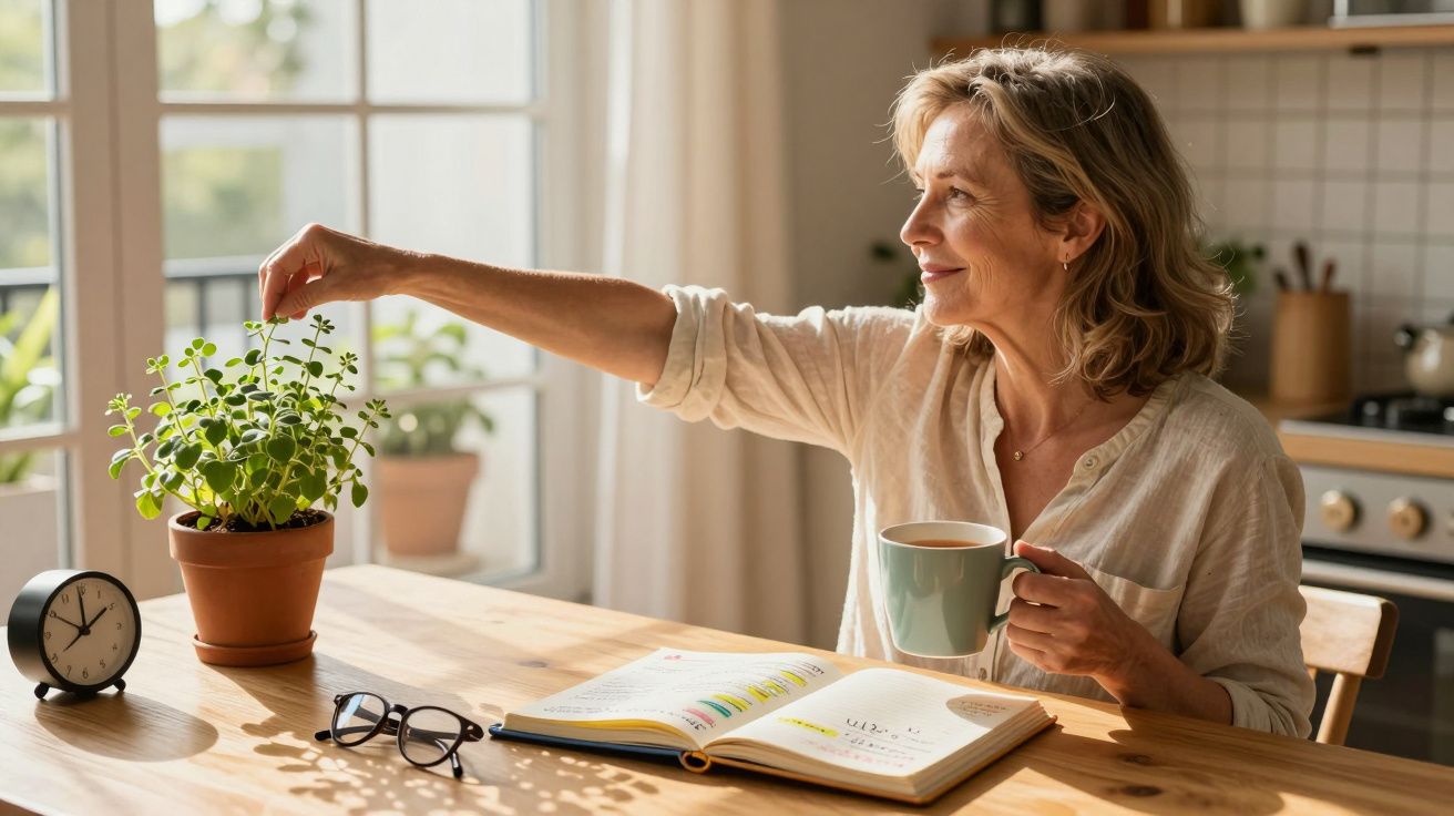 Mulher sentada à mesa com chá, tocando planta, com livro aberto e relógio numa cozinha iluminada pelo sol.